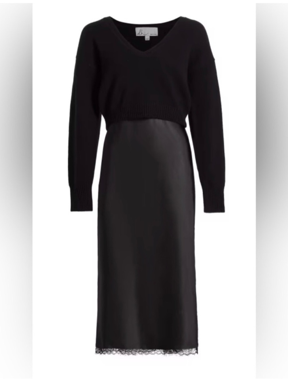 dh NEW YORK Black Long Sleeve V-Neck Knit & Slip Midi Dress